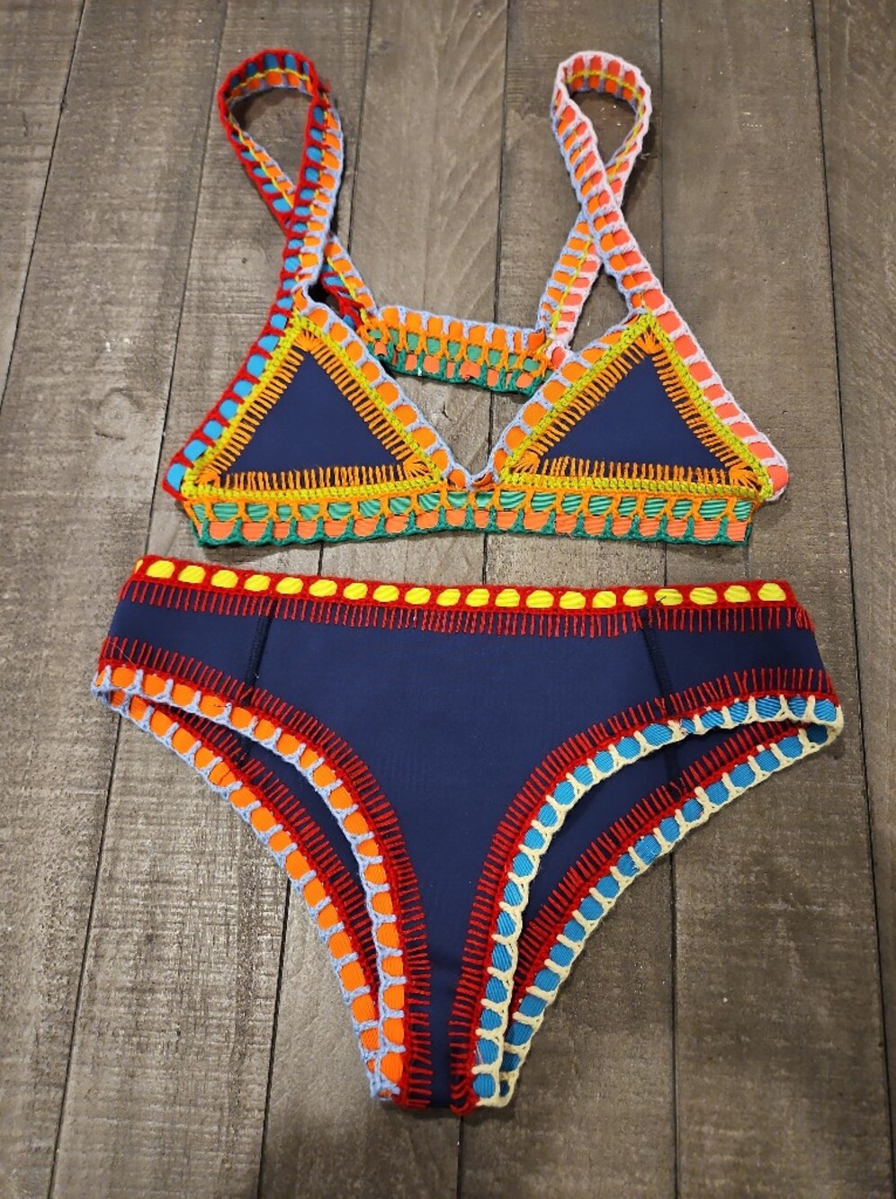 Kiini Navy Multicolor Crochet Trim Triangle Bikini Set Size Small